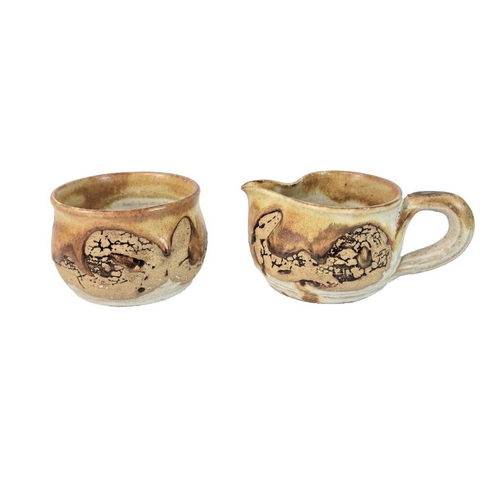 Canada Art Pottery Creamer And Sugar Vintage 1970s Brown Textured Earthy MCM